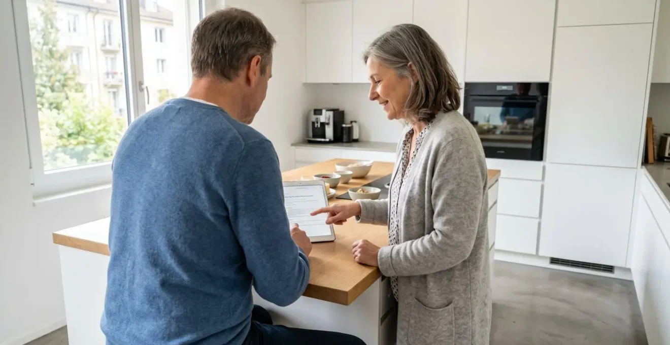 Un couple dans la cinquantaine consulte ensemble une tablette dans une cuisine contemporaine lumineuse, vus de profil en interaction naturelle