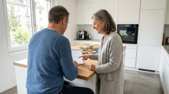 Un couple dans la cinquantaine consulte ensemble une tablette dans une cuisine contemporaine lumineuse, vus de profil en interaction naturelle