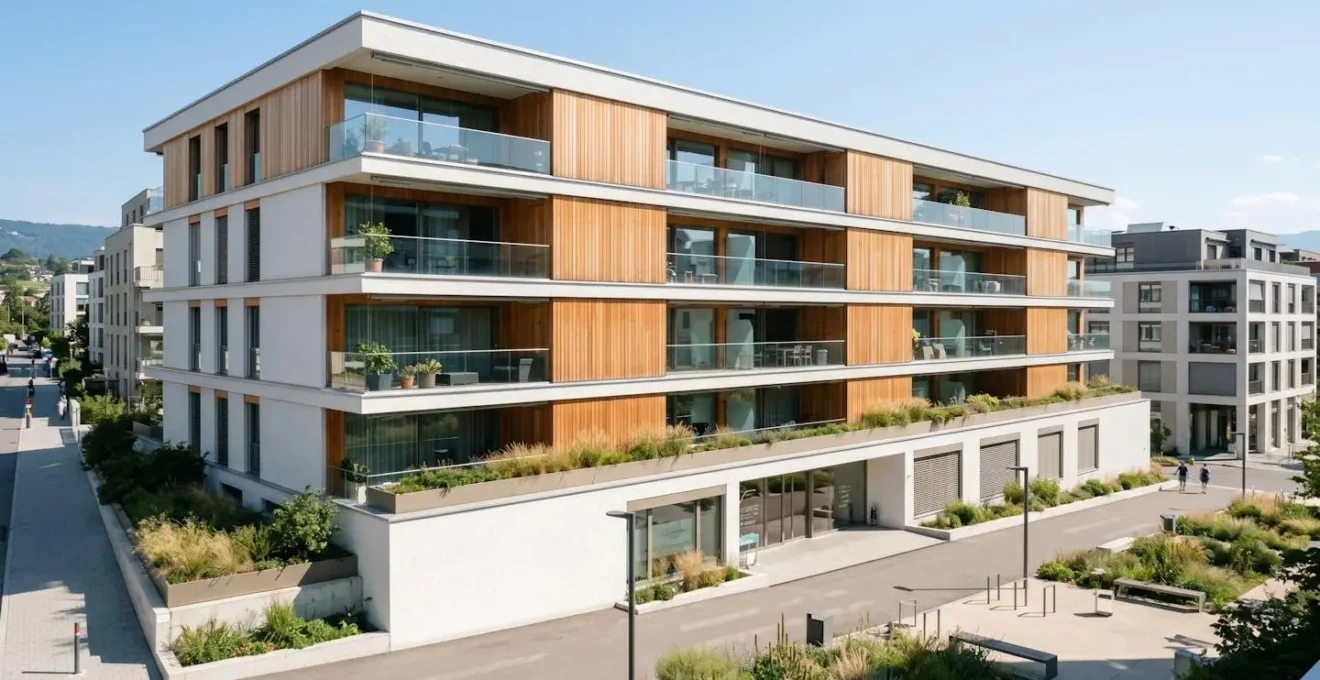 Vue extérieure en grand angle d'un immeuble résidentiel moderne de style suisse romand sous un ciel dégagé, architecture contemporaine avec lignes épurées