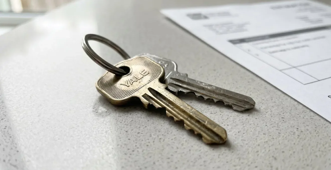 Gros plan rapproché de clés de maison posées sur un document d'estimation immobilière au texte totalement flouté, sur une surface moderne avec éclairage latéral naturel