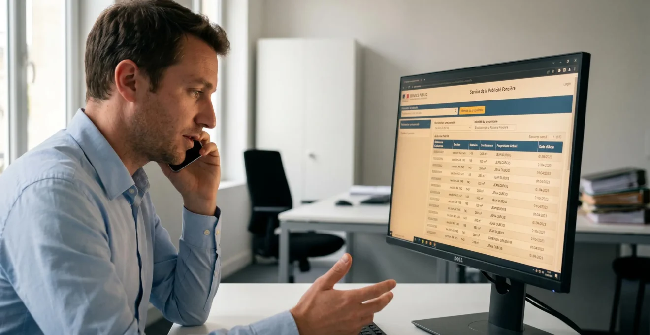Écran d'ordinateur affichant une recherche au fichier immobilier français, notaire au téléphone en arrière-plan dans son bureau