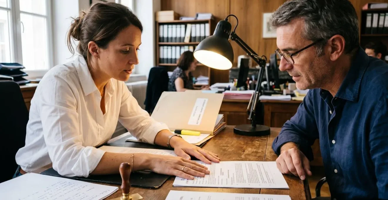 Main de notaire pointant une clause sur un état hypothécaire lors d'une vérification documentaire avec un client vendeur