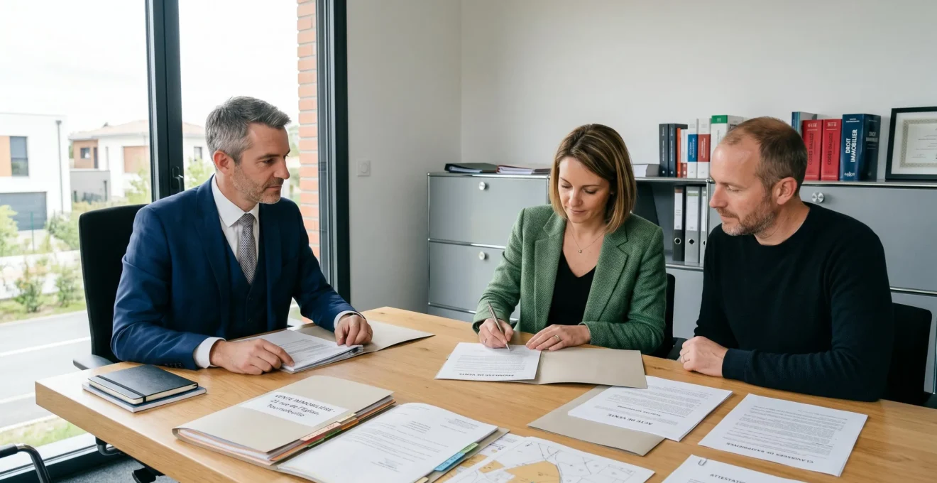 Notaire et couple de vendeurs signant un compromis de vente dans une étude notariale moderne à Tournefeuille, documents et plans cadastraux sur la table
