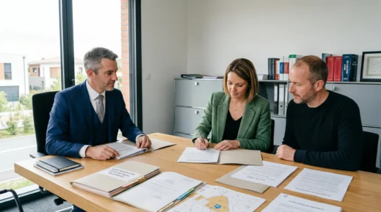 Notaire et couple de vendeurs signant un compromis de vente dans une étude notariale moderne à Tournefeuille, documents et plans cadastraux sur la table